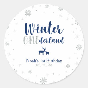 Navy Winter Onderland 1st Birthday Party Favor Classic Round Sticker
