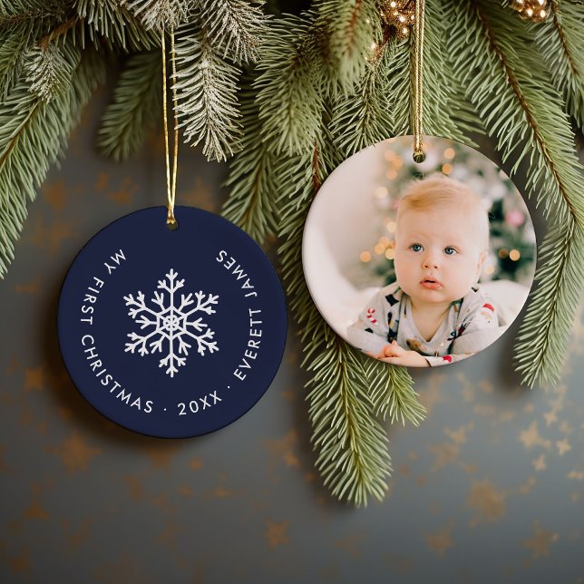 Navy Winter Snowflake First Christmas Keepsake Ceramic Ornament (Creator Uploaded)