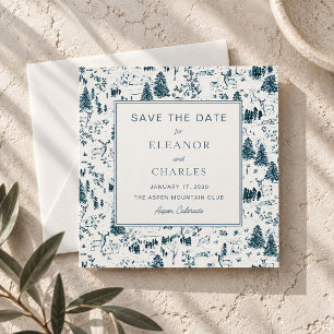Navy Winter Toile Square Save the Date Invitation