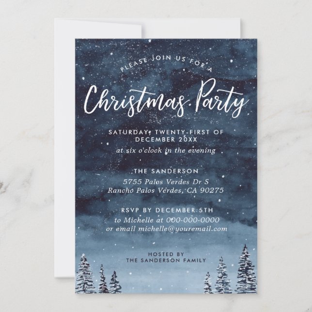 Navy Winter Watercolor Christmas Dinner Party Invitation (Front)