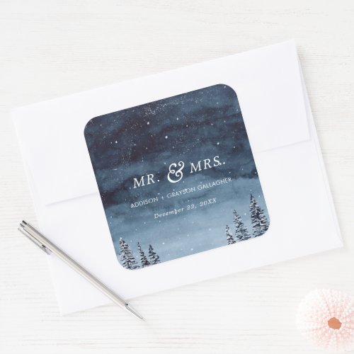 Navy Winter Watercolor Snowy Wedding Square Sticker - This elegant winter watercolor snowy winter scene is perfect for your winter wonderland wedding.