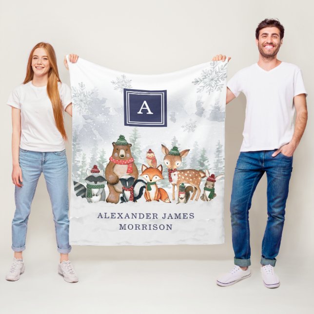 Navy Winter Woodland Animals Snowy Forest Monogram Fleece Blanket (In Situ)