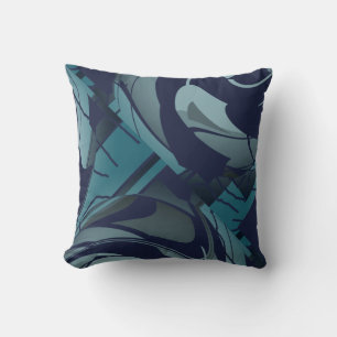 Navy with Light & Dark Teal Gray Lush Leaves Motif Throw Pillow