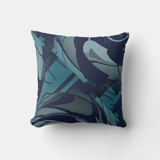 Navy with Light & Dark Teal Gray Lush Leaves Motif Throw Pillow (Front)