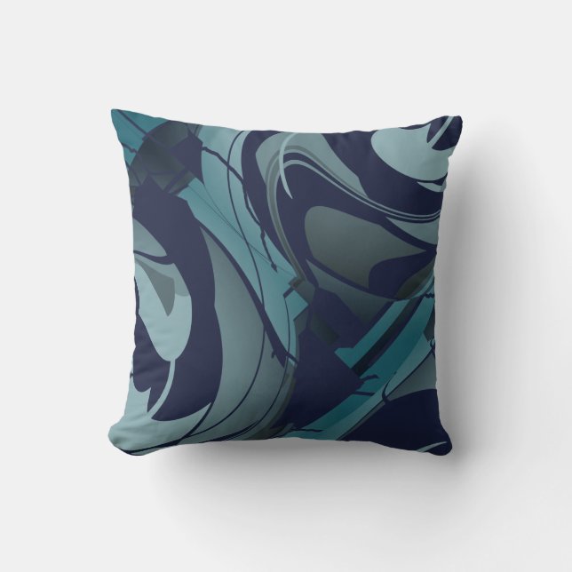 Navy with Light & Dark Teal Gray Swirling Shapes Throw Pillow (Front)