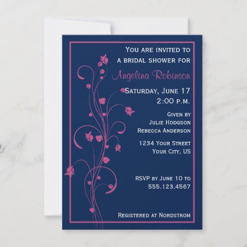 Navy With Pink Floral Design Bridal Shower Invitat Invitations