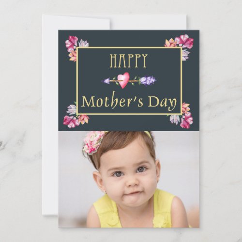 Navy With Watercolor Flowers Mothers Day Photo Card