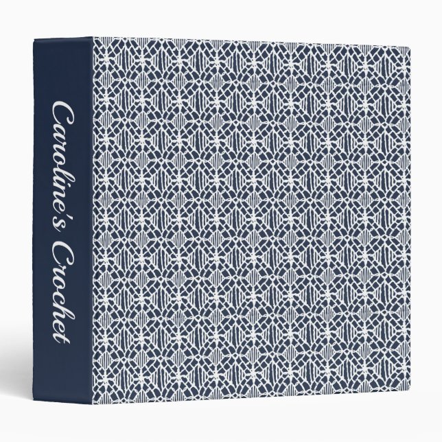 Navy With White Crochet Lace Pattern 3 Ring Binder (Front/Spine)