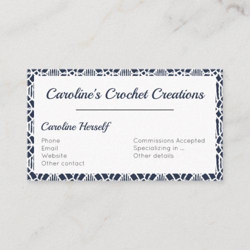 Navy With White Crochet Lace Pattern Business Card