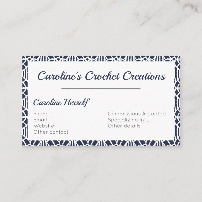 Navy With White Crochet Lace Pattern Business Card (Front)