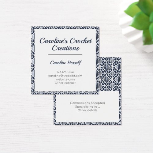 Navy With White Crochet Lace Pattern Business Card