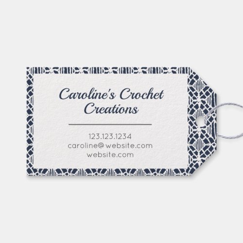 Navy With White Crochet Lace Pattern Tag