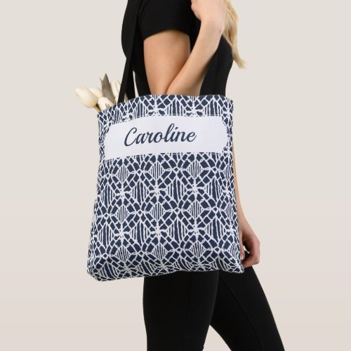 Navy With White Crochet Lace Pattern Tote Bag