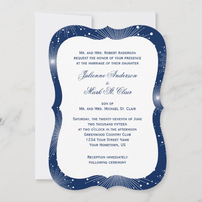 Navy With White Sunbursts Wedding Invitation (Front)