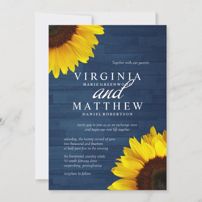 Navy Wood and Sunflower Wedding Invitations (Front)