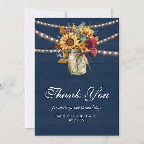 Navy Wood Burgundy Sunflowers Mason Jar Wedding Thank You Card