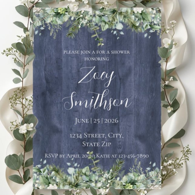 Navy Wood Eucalyptus Bridal Shower Invitation (Creator Uploaded)
