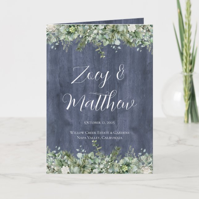 Navy Wood Eucalyptus Wedding Program | Rustic (Front)