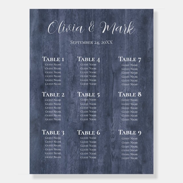 Navy Wood Eucalyptus Wedding Seating Chart Foam Board (Front)
