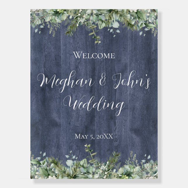 Navy Wood Eucalyptus Wedding Welcome Sign | Rustic (Front)