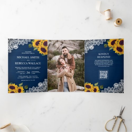 Navy Wood Lace Sunflower Photo QR Code Wedding Tri-Fold Invitation
