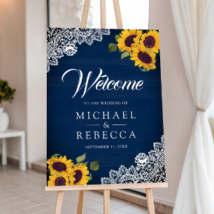 Navy Wood Lace Sunflowers Wedding Welcome Sign