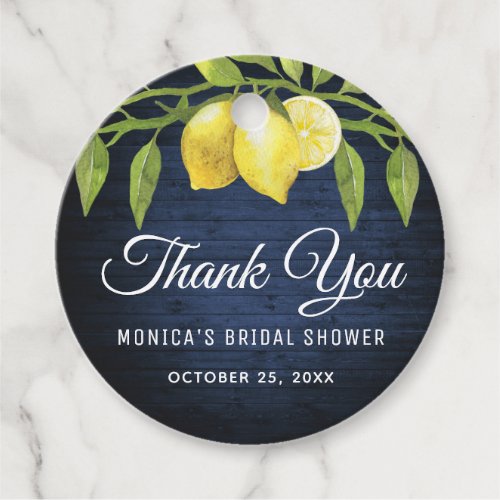 Navy Wood  Lemon Greenery Bridal Shower Thank You Favor Tags