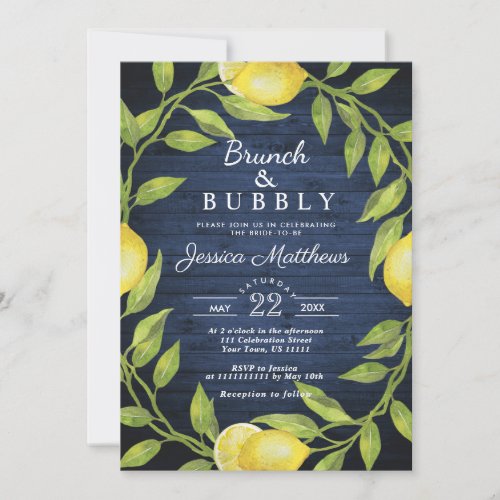 Navy Wood  Lemons Greenery Rustic Brunch  Bubbly Invitation
