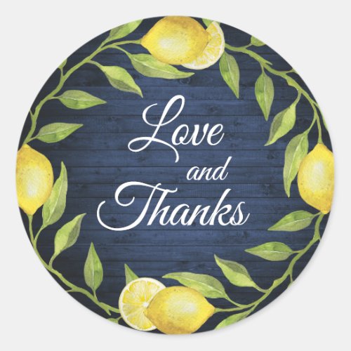 Navy Wood  Lemons  Greenery Watercolor Wedding Classic Round Sticker