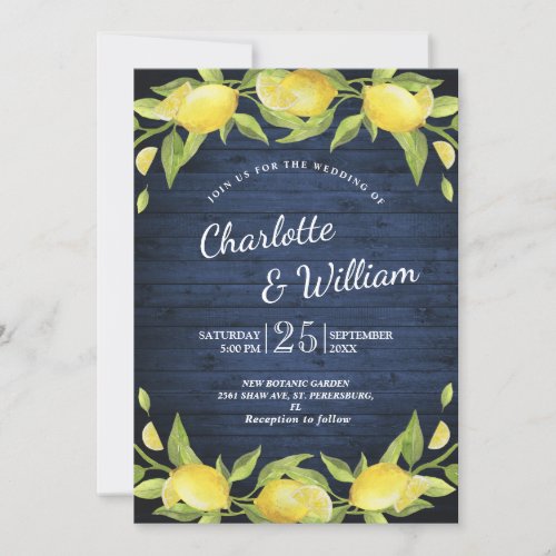 Navy Wood  Lemons  Greenery Watercolor Wedding Invitation