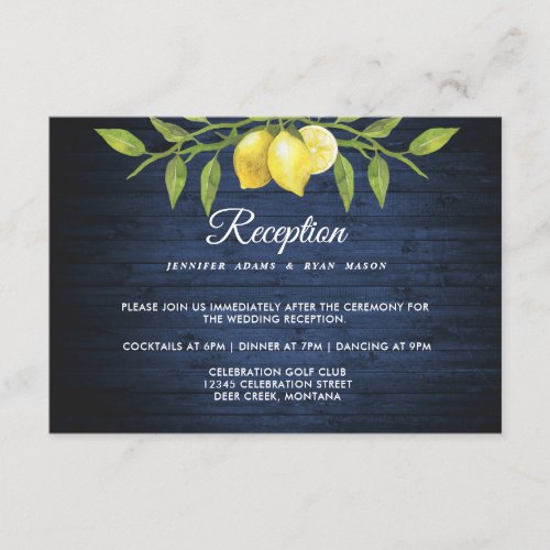 Navy Wood  Lemons Greenery Wedding Reception Enclosure Card