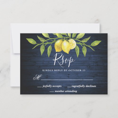 Navy Wood  Lemons Greenery Wedding RSVP Card