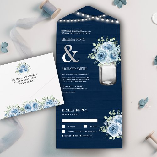 Navy Wood Mason Jar Dusty Blue Floral Wedding All In One Invitation