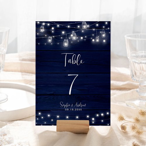 Navy Wood Mason Jars Lights Wedding
