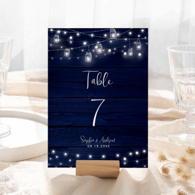 Navy Wood Mason Jars Lights Wedding Table Number (Creator Uploaded)