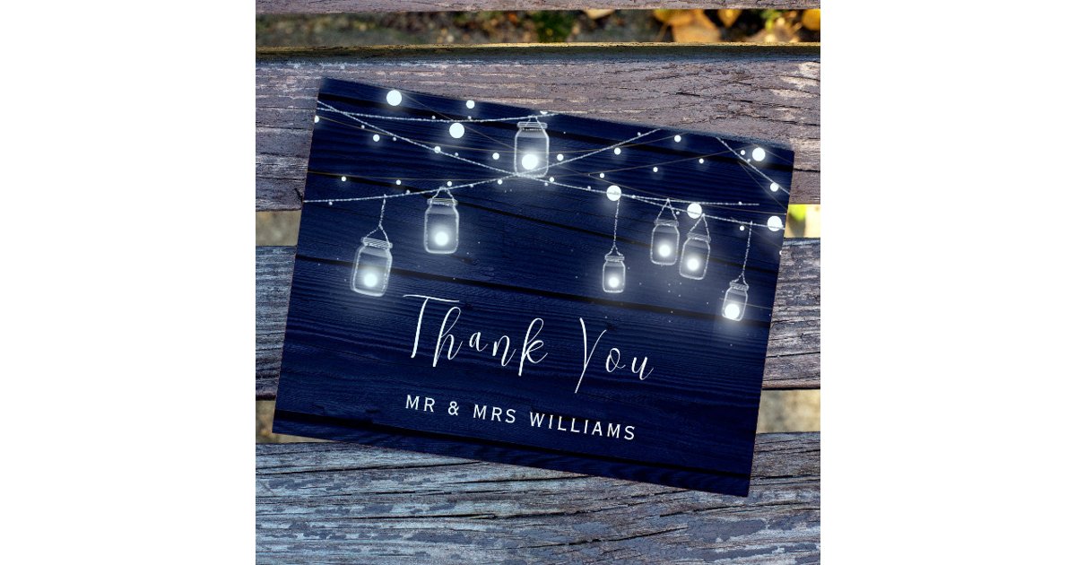 Navy Wood Mason Jars Lights Wedding Thank You Card | Zazzle