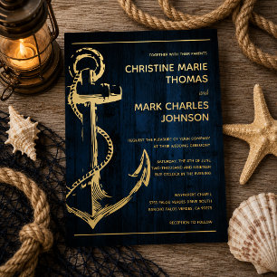Navy Wood Nautical Ship Anchor Wedding Foil Invitation