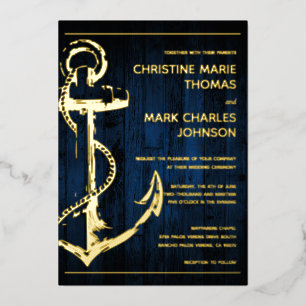 Navy Wood Nautical Ship Anchor Wedding Foil Invitation