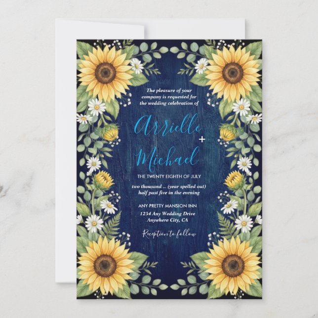 Navy Wood Sunflower Wedding Invitation Rustic (Front)