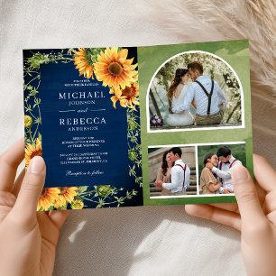 Navy Wood Sunflowers Photo Arch QR Code Wedding Invitation