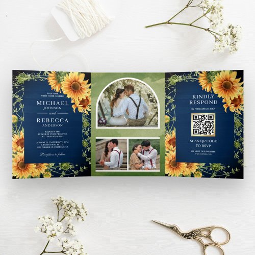 Navy Wood Sunflowers Photo Arch QR Code Wedding Tri_Fold Invitation