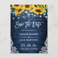 Navy Wood Sunflowers String Lights Save the Date Postcard