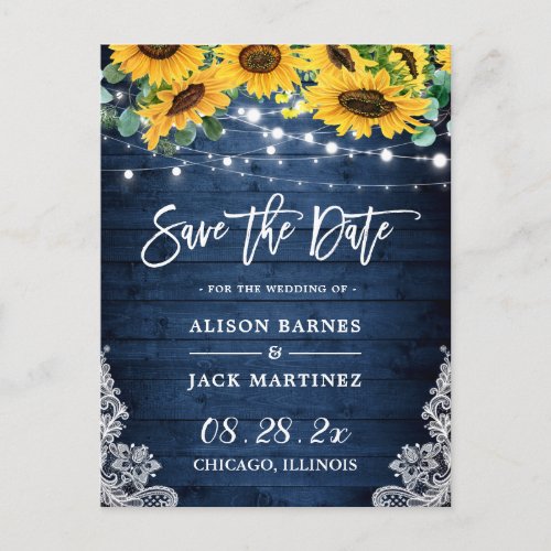 Navy Wood Sunflowers String Lights Save the Date Postcard