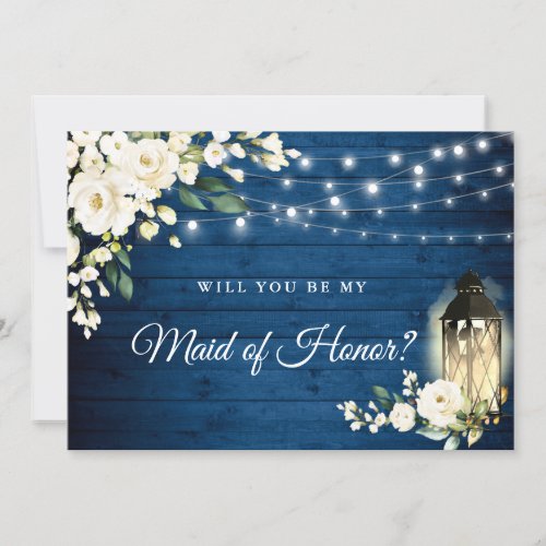 Navy Wood White Roses Will You Be My Maid of Honor Invitation