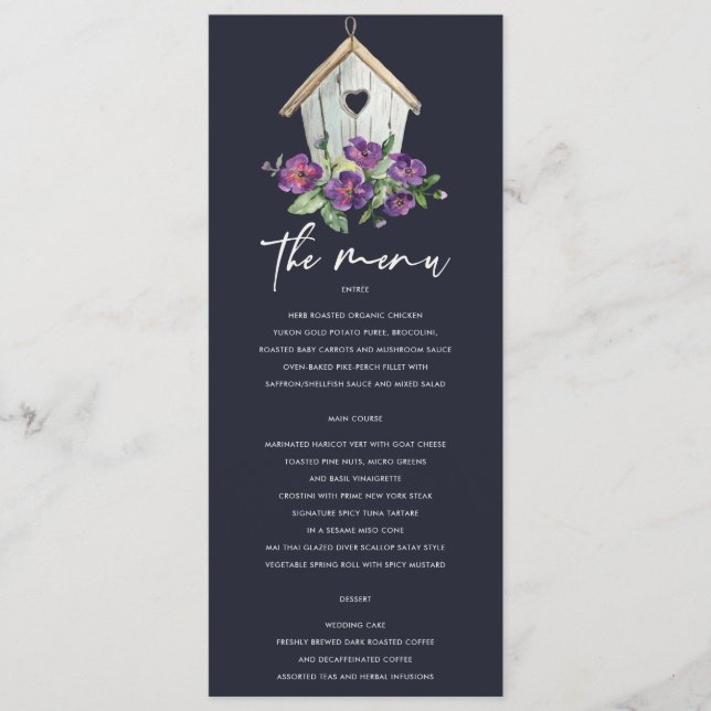 NAVY WOODEN RUSTIC FLORAL BIRDHOUSE WEDDING MENU (Front)