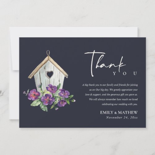NAVY WOODEN RUSTIC FLORAL BIRDHOUSE WEDDING THANK YOU CARD