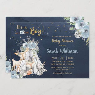 Navy Woodland Animals Tribal Boho Boy Baby Shower Invitation