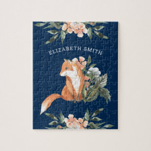 Navy Woodland Forest Cute Floral Fox Kids Name Jigsaw Puzzle