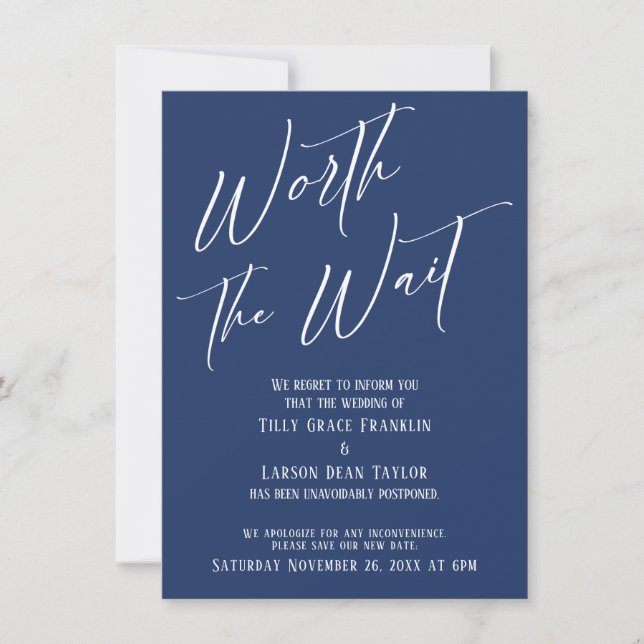Navy Worth the Wait Postponed Wedding Card (Front)