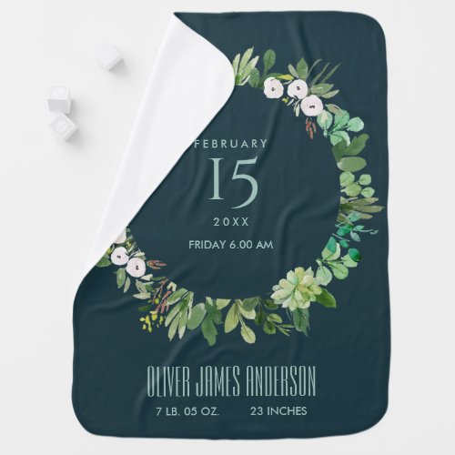 NAVY WREATH FOLIAGE WATERCOLOR BABY BIRTH STAT BABY BLANKET